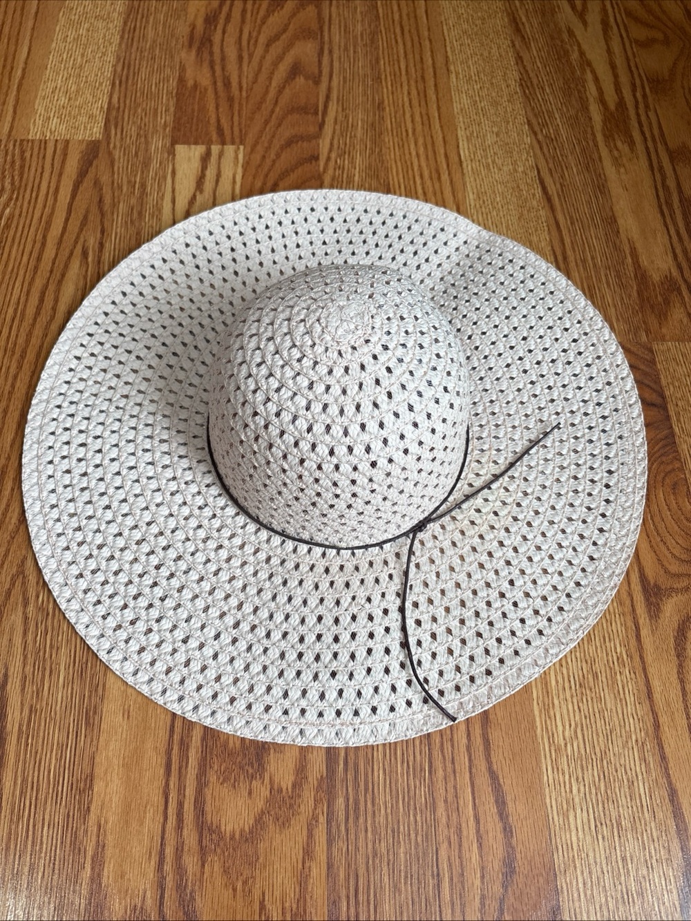 Creamy Pink Large Wide Brim Sun Hat Ladder Braided Straw Thin String Tie Band